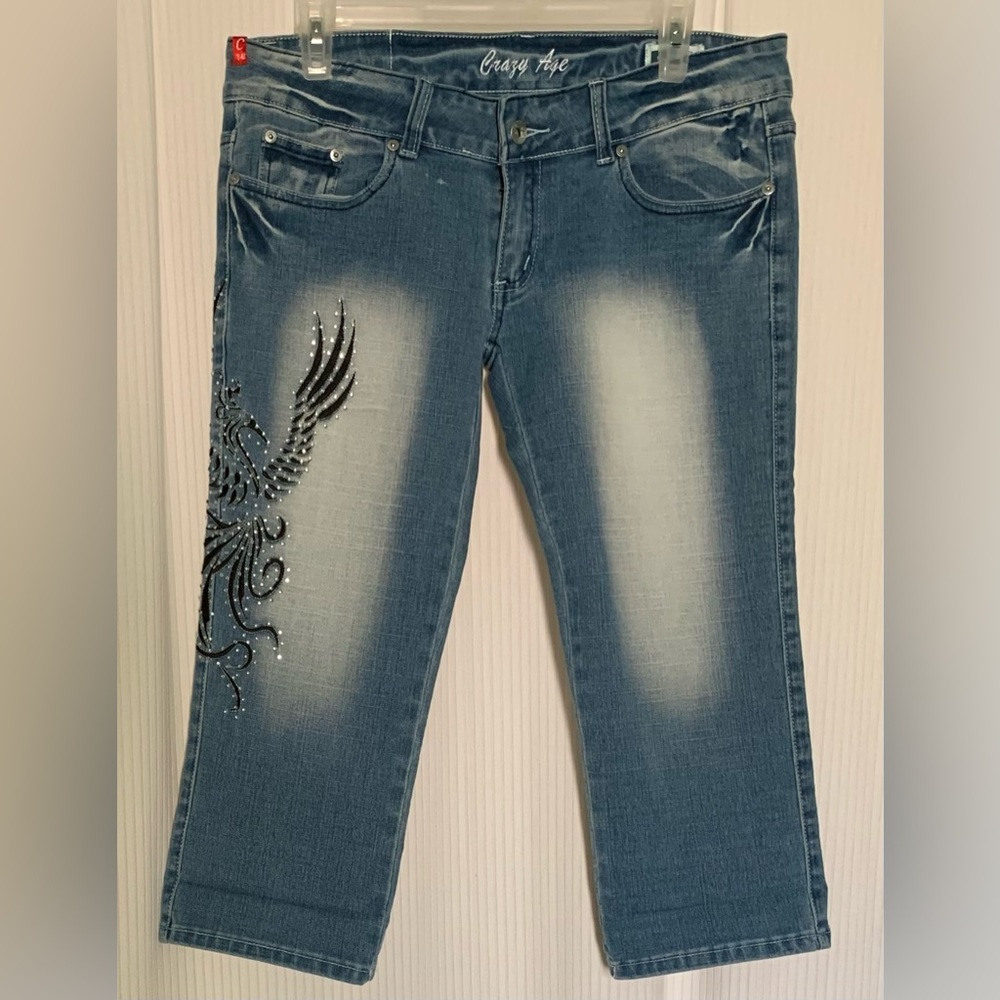 Crazy Age Denim Capri Light Wash w/ Rhinestone Phoenix detail on back and leg 8